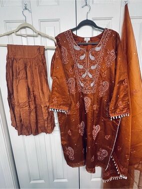 Rust Embroidered Women’s Sharara kameez with dupatta in size 24”